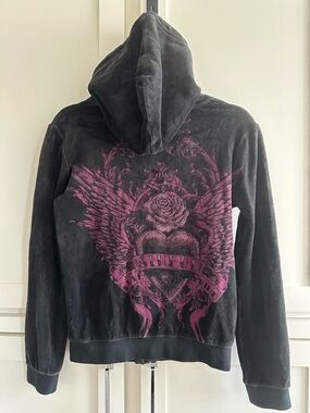 Sinful Black & Purple Velour Retro Y2K Zip Up Hoodie Women’s Size Medium